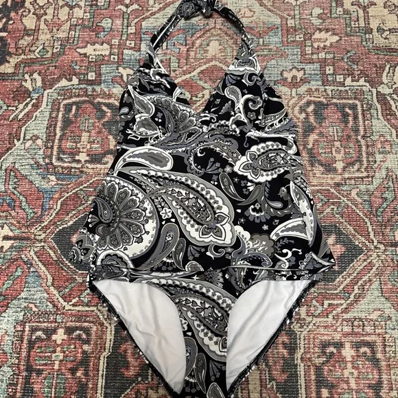 Lands' End Swimsuit Tankini Set  Black /Gray Paisley‎ Size 4 Top 6 Bottom - Picture 3 of 6